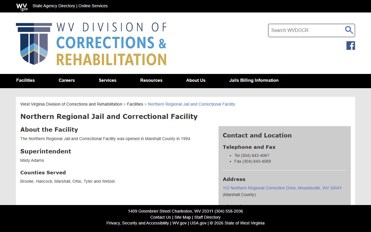 Northern Regional Jail and Correctional Facility inmate population page for Brooke County