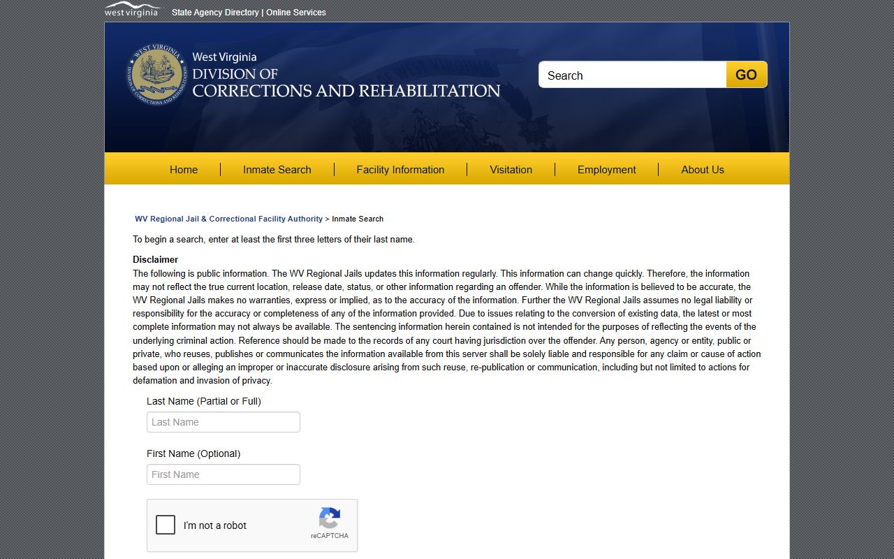 Brooke County inmate search fields in the WV Regional Jail offender search